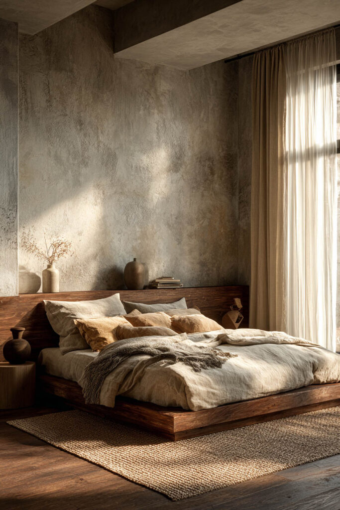 Japandi bedroom with earthy textured wall, low wood bed, neutral linen bedding, and warm filtered sunlight