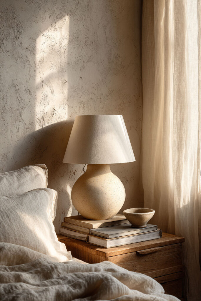 Japandi bedroom nightstand styling with ceramic lamp, stacked books, linen bedding, and soft natural light