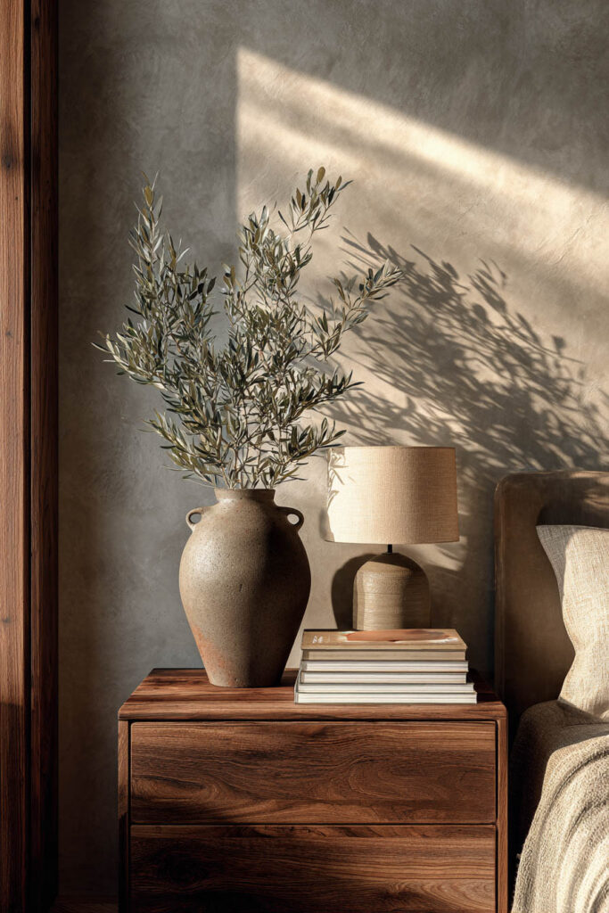 Japandi nightstand decor with ceramic vase, olive branches, stacked books, wooden nightstand, and soft natural light
