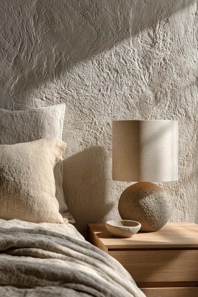 Japandi bedroom nightstand styling with textured ceramic lamp, neutral linen bedding, and plaster wall in warm natural light