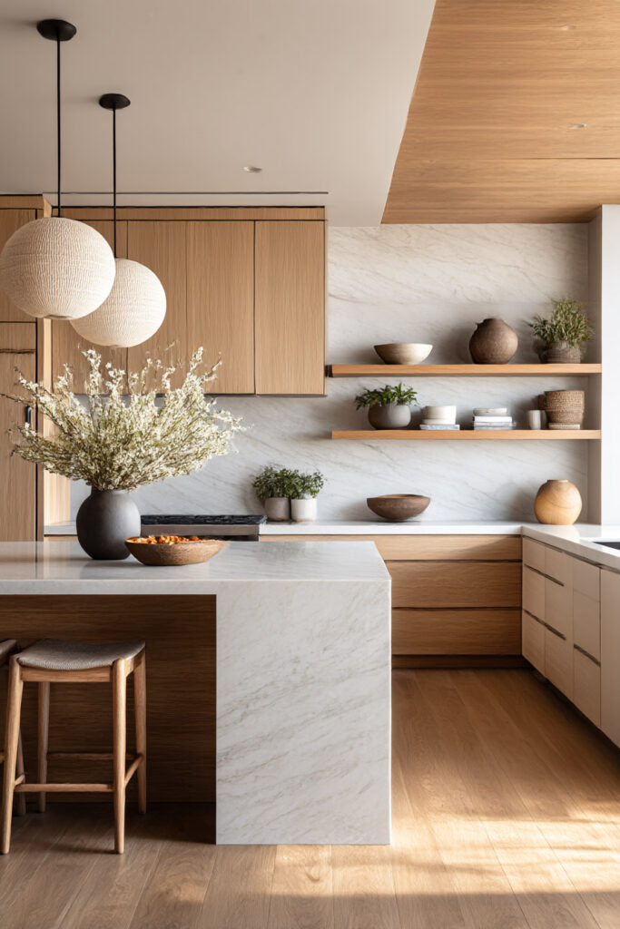organic modern kitchen with marble waterfall island, warm wood cabinets, open shelving, and pendant lighting