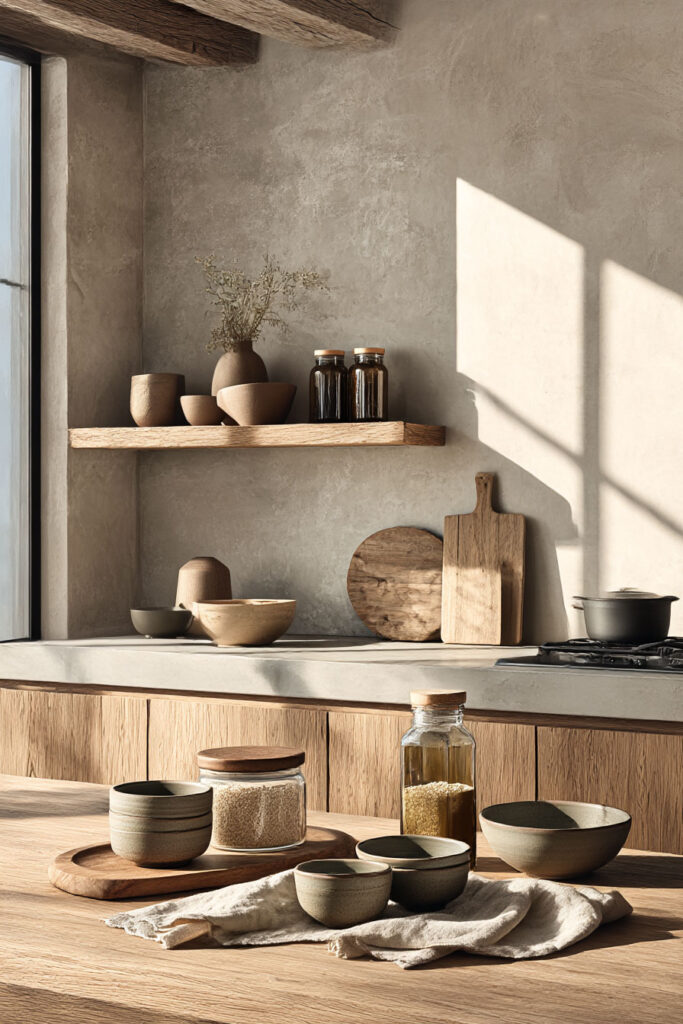 organic modern kitchen styling with neutral ceramics wooden bowls glass jars plaster wall warm natural light
