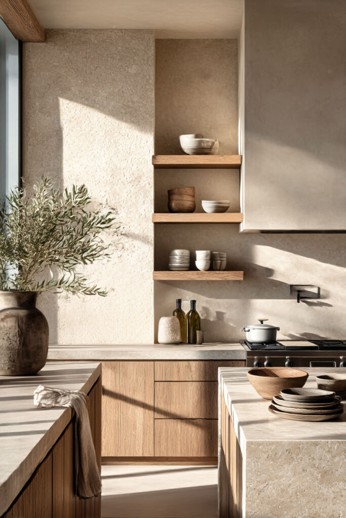 organic modern kitchen with plaster walls, wood cabinets, open shelves and neutral ceramic decor