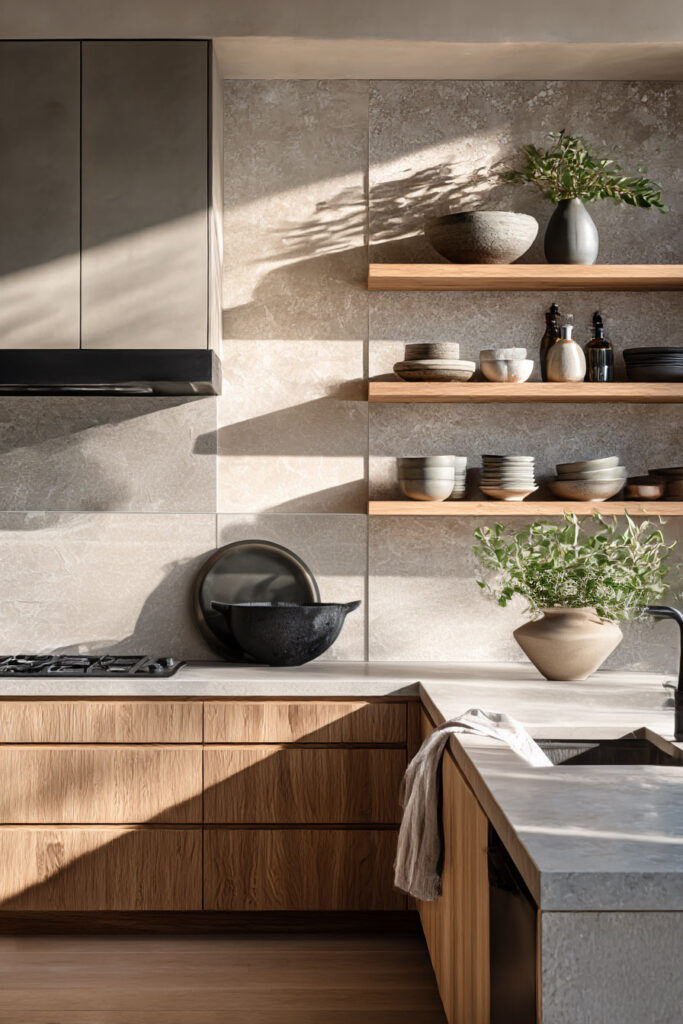 organic modern kitchen with wood cabinets, stone tile backsplash, open shelves, and natural light