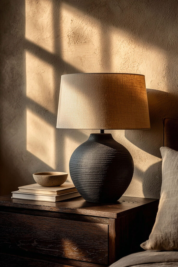 Japandi bedroom nightstand with dark wood finish, textured black ceramic lamp, linen shade, and warm natural light casting shadows on plaster wall