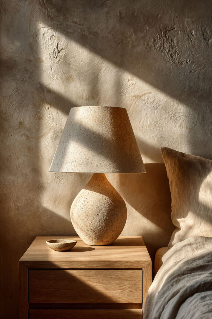 Japandi bedroom nightstand with ceramic lamp, textured plaster wall, wood bedside table, and warm natural sunlight