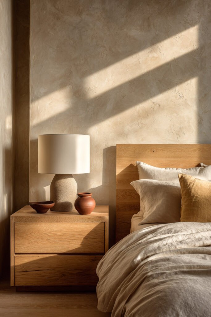 Japandi bedroom nightstand decor with ceramic lamp, wooden nightstand, neutral linen bedding, and warm natural sunlight
