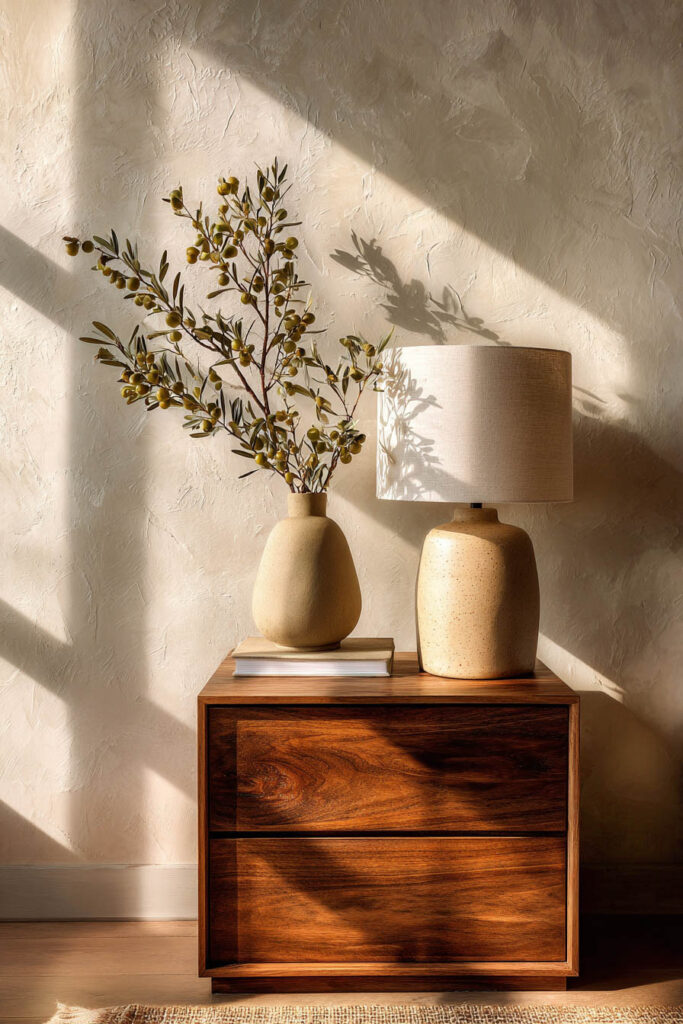 Japandi nightstand with olive branch in ceramic vase, textured lamp, wood drawer, and soft natural light