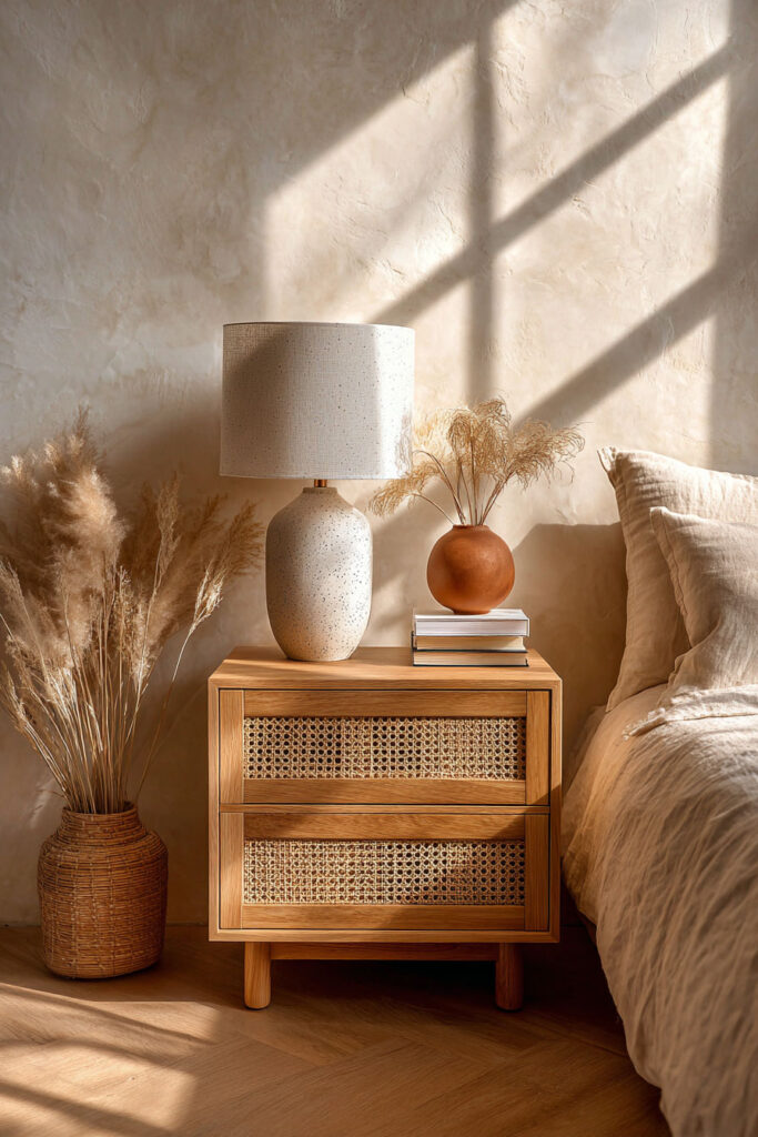 Japandi bedroom nightstand with rattan drawers, ceramic table lamp, neutral decor, and warm natural sunlight