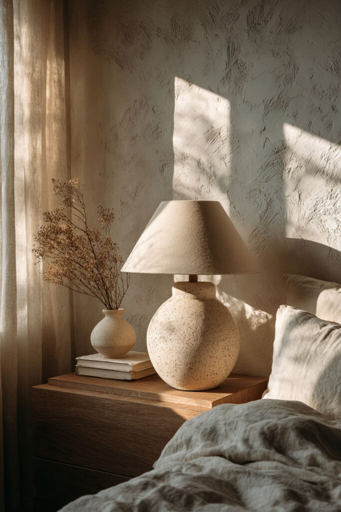 Japandi bedroom nightstand with ceramic lamp, neutral decor, textured wall, and soft natural sunlight