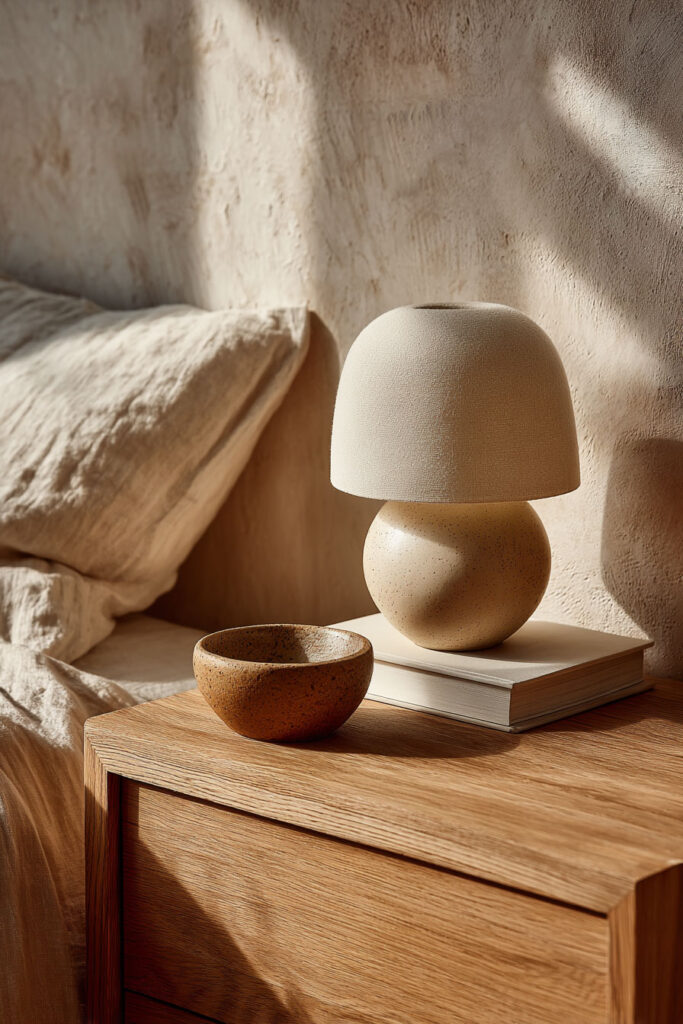 Japandi nightstand decor with ceramic table lamp, wooden nightstand, neutral linen bedding, and soft natural sunlight