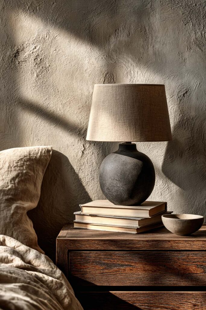 Japandi bedroom nightstand with dark ceramic lamp, stacked books, wood table, and textured plaster wall in warm sunlight