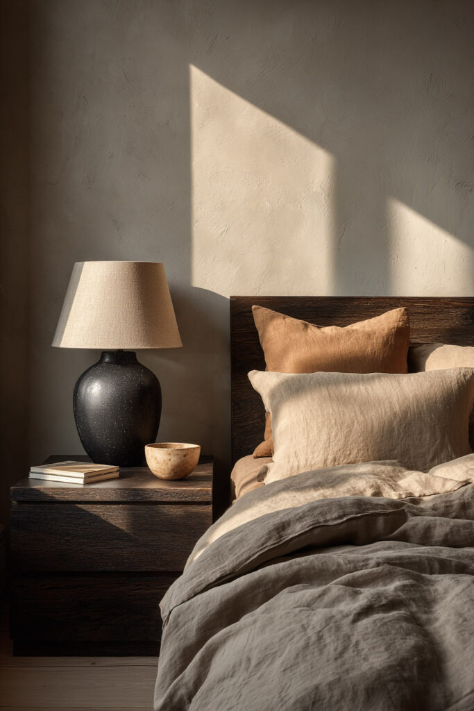 Japandi bedroom with dark wood nightstand, black ceramic lamp, neutral linen bedding, and warm natural light