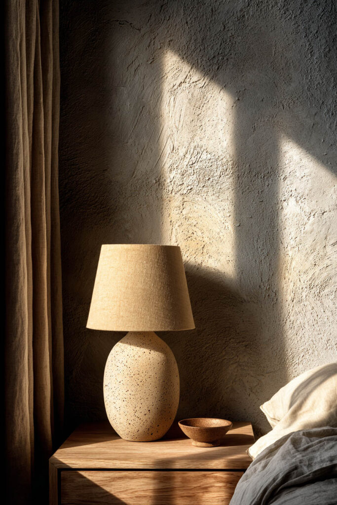 Japandi bedroom nightstand with neutral ceramic lamp, linen shade, textured plaster wall, and soft natural sunlight creating shadows