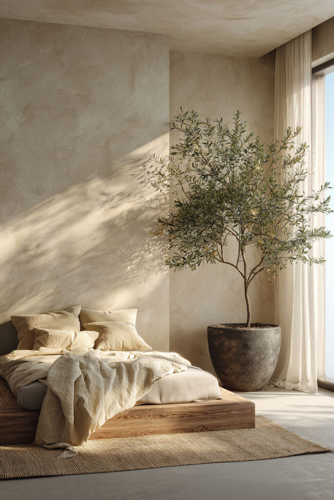 Japandi bedroom with large indoor plant tree, light wood platform bed, neutral linen bedding, plaster wall, and natural sunlight