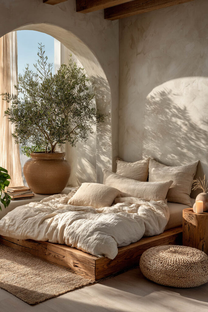 Japandi bedroom with olive tree in large ceramic pot, arched window, neutral linen bedding, and natural wood furniture in warm sunlight