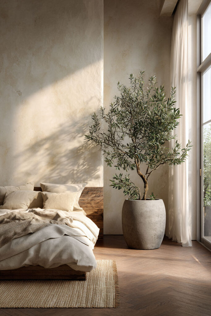 Japandi bedroom with olive tree in large planter, low wood bed, neutral bedding, and soft natural sunlight