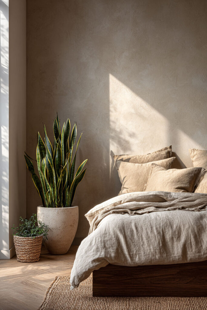 Japandi bedroom with snake plant in ceramic pot, neutral linen bedding, wood bed frame, and warm natural sunlight