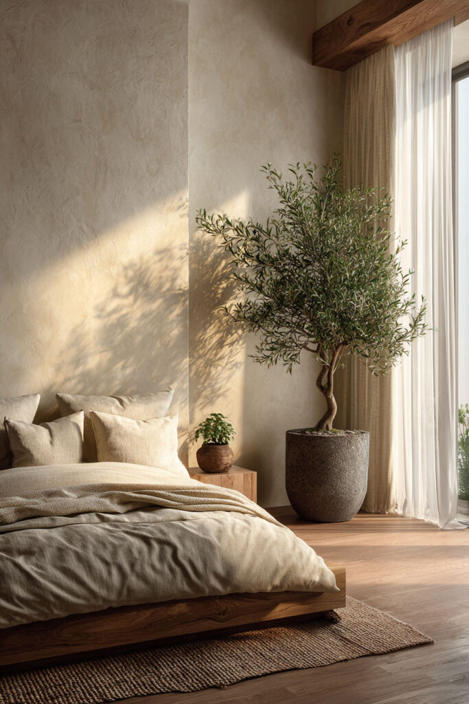 Japandi bedroom with olive tree plant, neutral linen bedding, light wood furniture, and soft natural sunlight