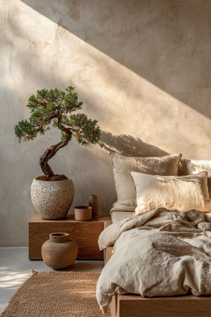 Japandi bedroom with bonsai plant, neutral linen bedding, textured plaster wall, and warm natural light