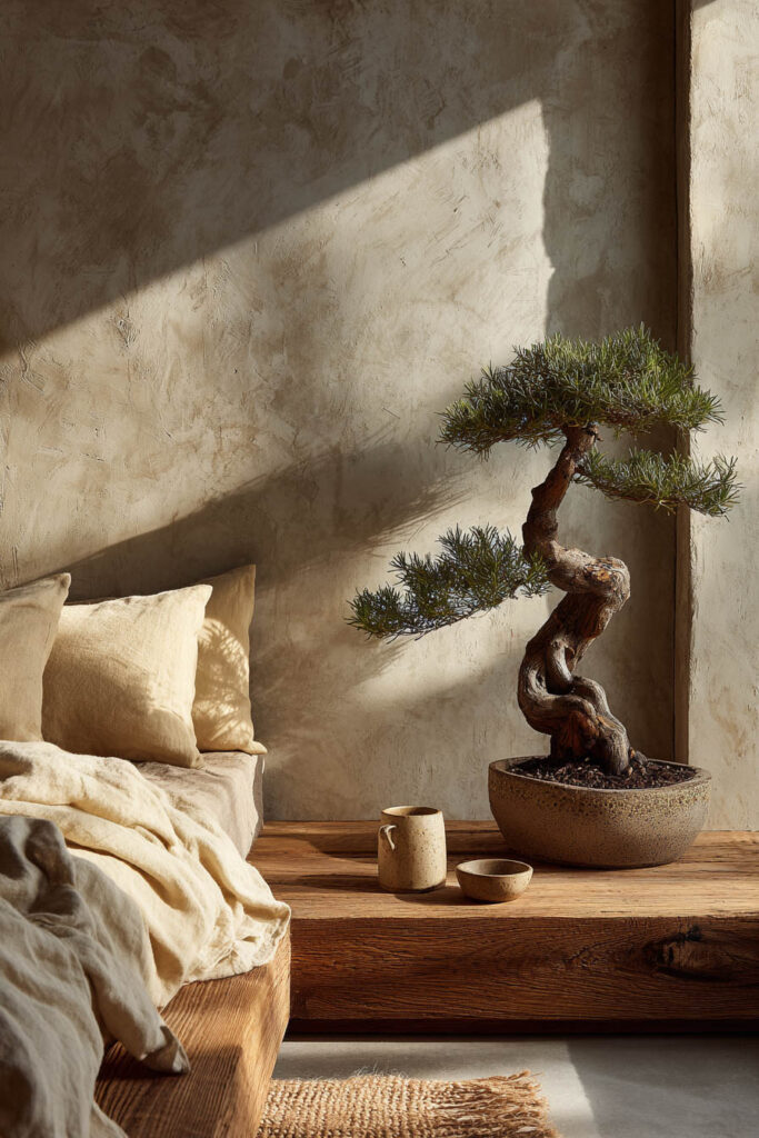 Japandi bedroom with bonsai tree on wooden platform bedside, neutral linen bedding, and textured plaster wall