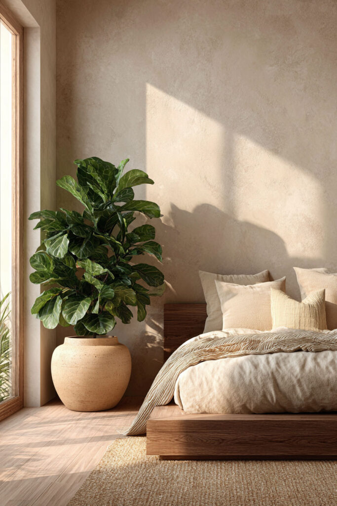 Japandi bedroom with fiddle leaf fig plant in ceramic pot, neutral linen bedding, wood platform bed, and soft sunlight on textured wall
