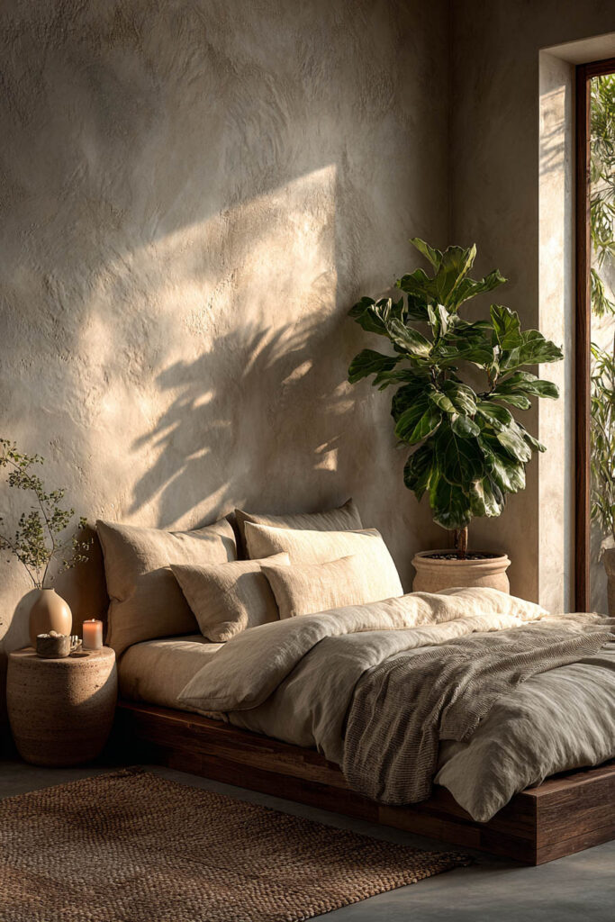 Japandi bedroom with large leafy indoor plant, dark wood platform bed, neutral linen bedding, plaster wall, and warm natural sunlight