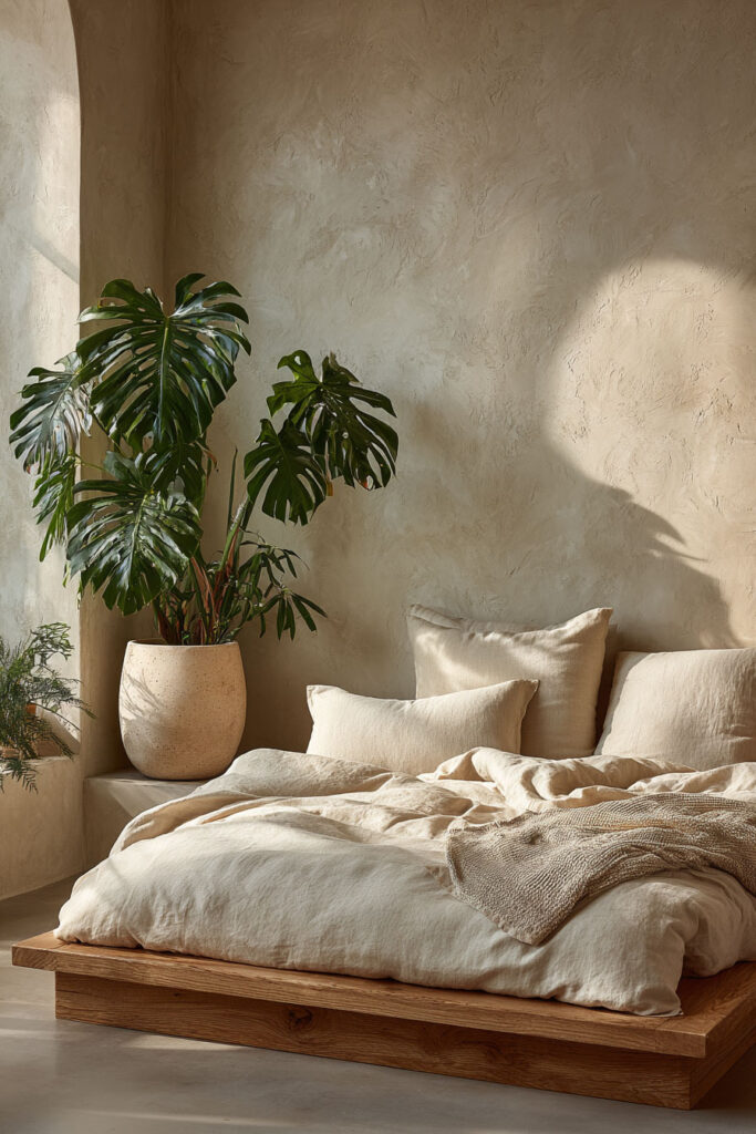 Japandi bedroom with large monstera plant in ceramic pot, neutral linen bedding, wood platform bed, and textured plaster wall