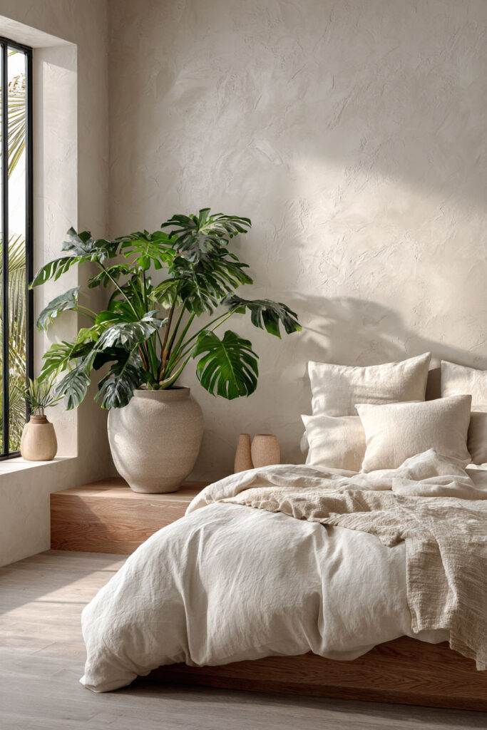 Japandi bedroom with large monstera plant in ceramic pot, neutral linen bedding, wood platform bed, and soft plaster wall