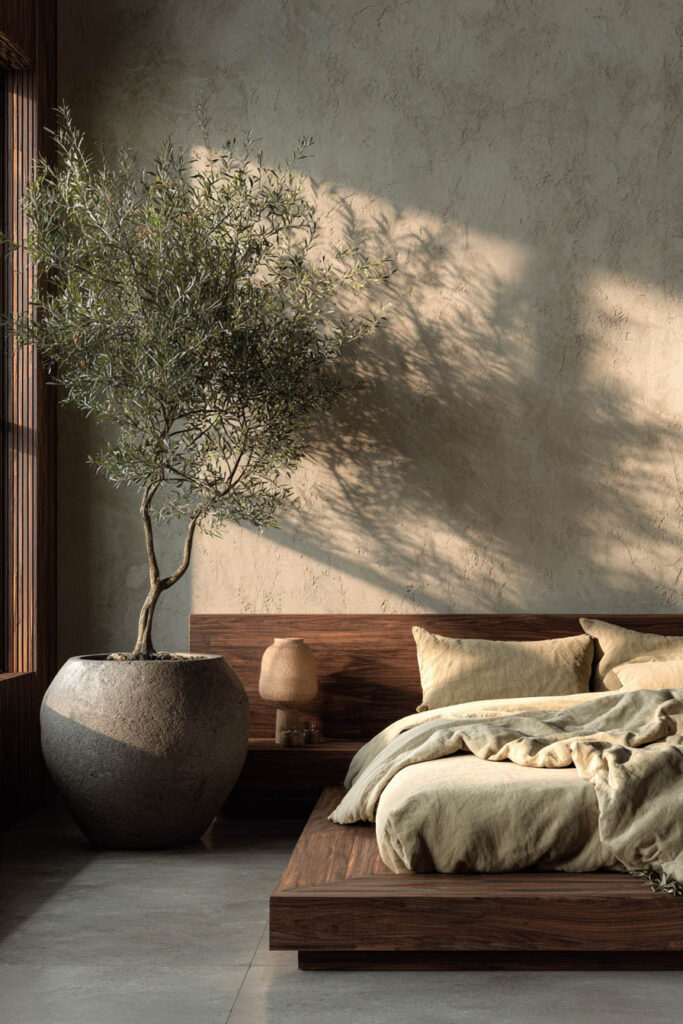 Japandi bedroom with large olive tree, neutral linen bedding, wooden platform bed, and textured plaster wall