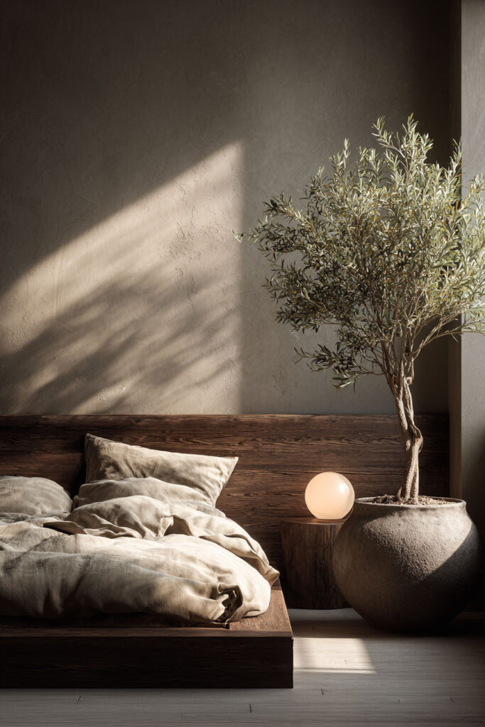 Japandi bedroom with olive tree in large ceramic pot, dark wood bed frame, neutral bedding, and soft moody natural light