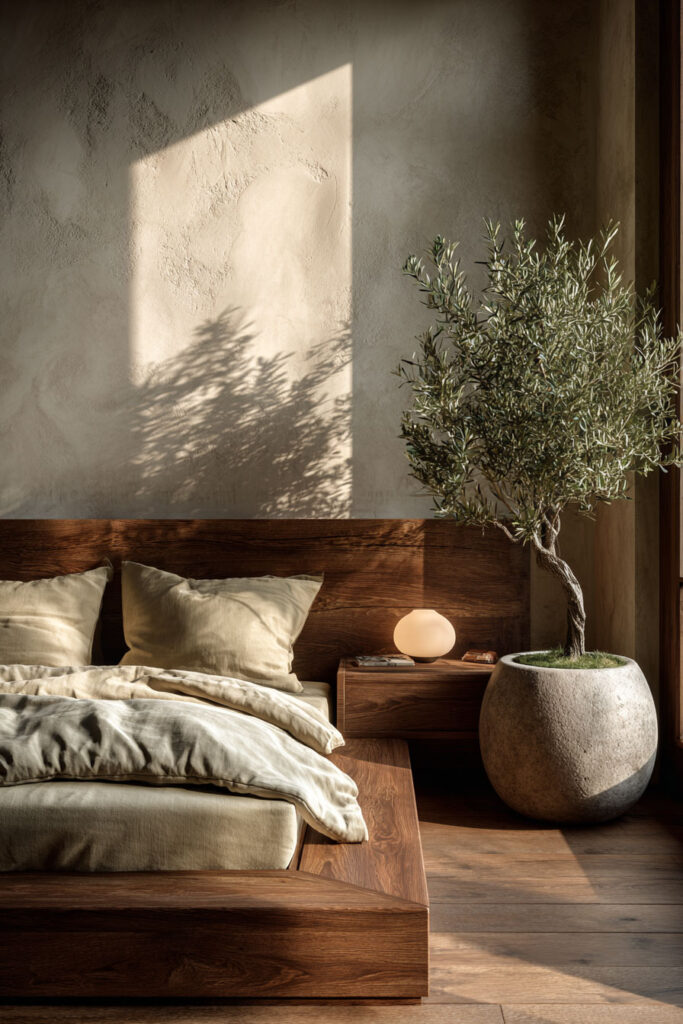 Japandi bedroom with olive tree plant, dark wood platform bed, neutral linen bedding, plaster wall, and warm natural sunlight shadows