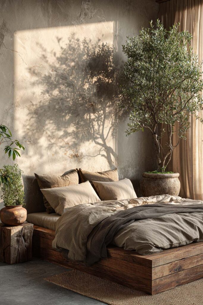 Japandi bedroom with olive tree casting shadow on textured wall, low wood bed, and neutral linen bedding