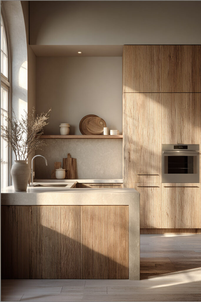 fluted wood kitchen cabinets with natural stone countertop and backsplash, organic modern kitchen with textured wood and neutral tones
