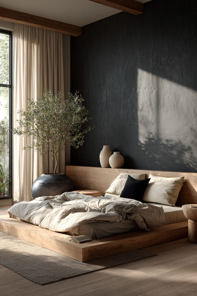 Japandi bedroom with dark textured accent wall, low wood platform bed, neutral linen bedding, olive tree in large pot, and soft natural light