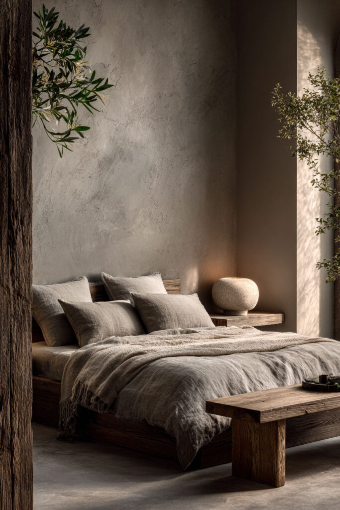 Japandi bedroom with earthy linen bedding, low wood platform bed, textured plaster wall, olive tree accents, and minimalist decor