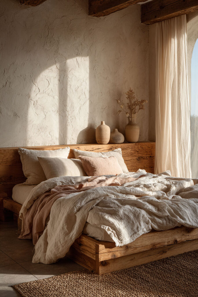 Japandi bedroom with light plaster walls, wood platform bed, neutral and blush linen bedding, ceramic decor, and soft natural light