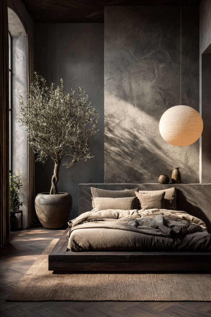 Japandi bedroom with textured plaster wall, low wood platform bed, olive tree, paper lantern pendant, and warm neutral bedding