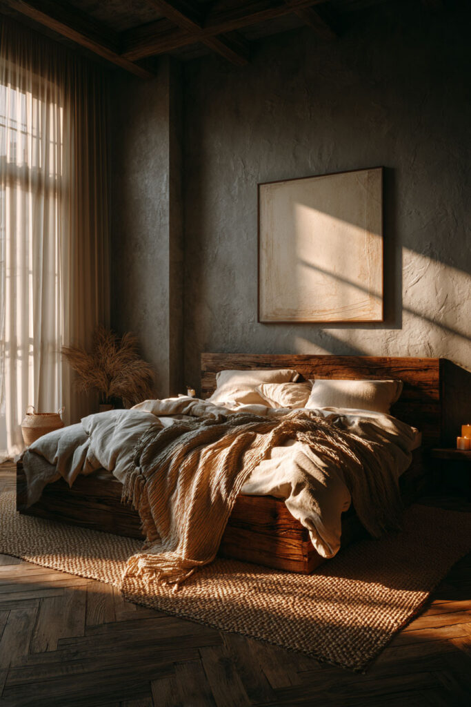Japandi bedroom with warm neutral bedding, low wood bed frame, textured walls, and soft natural light through sheer curtains