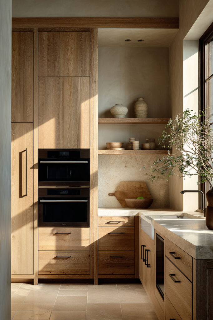 light warm wood kitchen cabinets with open shelving, organic modern kitchen with stone countertop and neutral tones