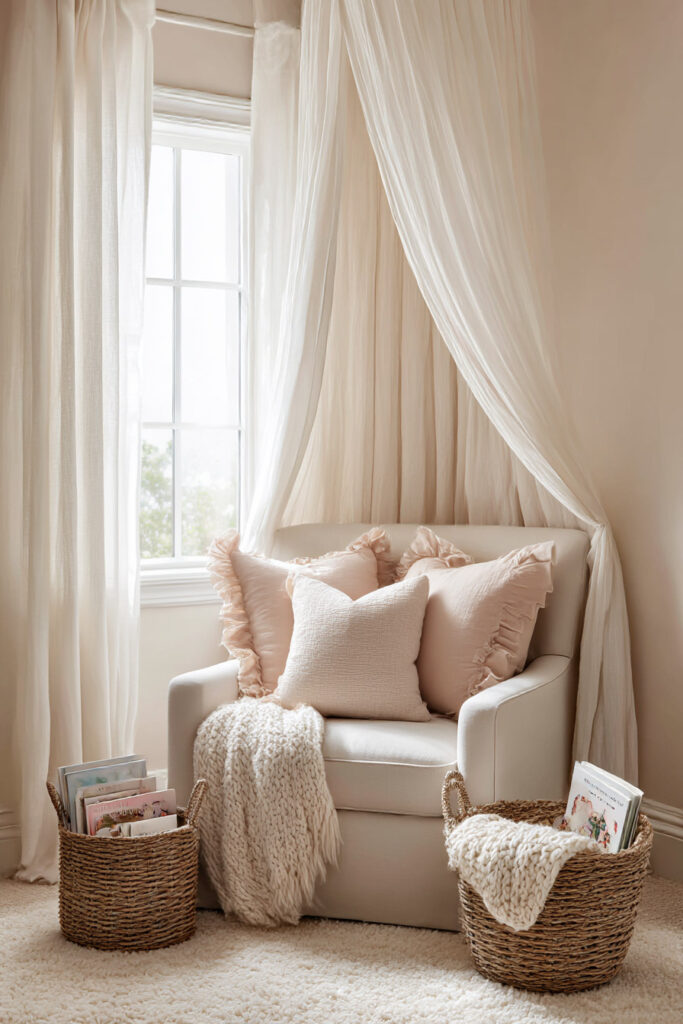 Little girls bedroom reading nook with cozy armchair, blush pillows, canopy drapes, woven baskets with books, and soft neutral decor.
