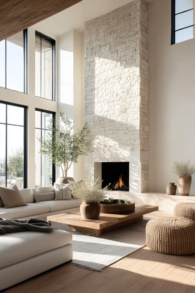 Organic modern living room with tall stone fireplace, large windows, neutral sectional sofa, wood coffee table, and natural materials decor.