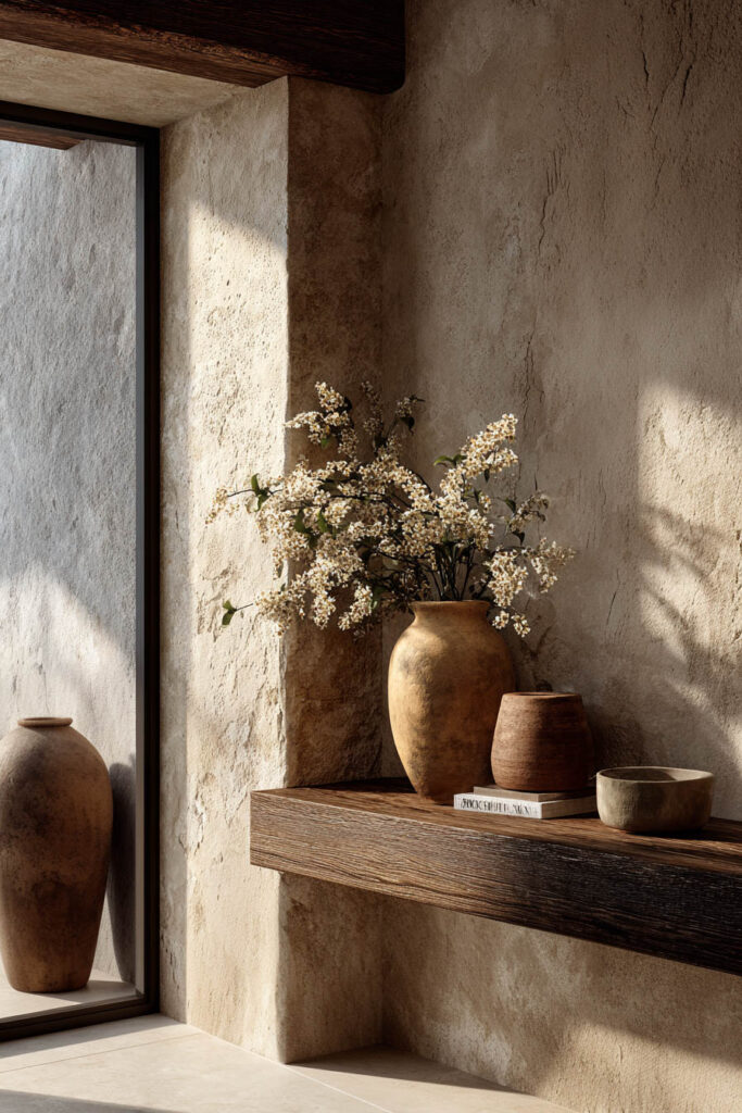Organic modern shelf styling with clay vases, warm wood floating shelf, textured plaster wall, and natural dried flowers.
