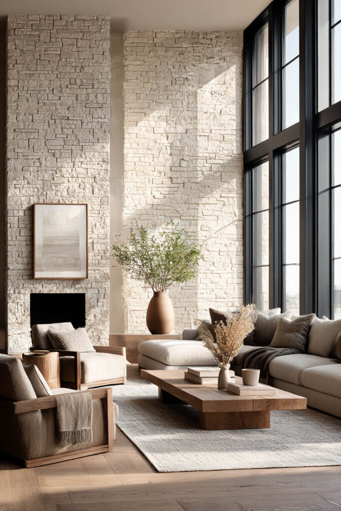 Organic modern living room with a stacked stone fireplace wall, natural wood coffee table, neutral sofa, and large windows with natural light.