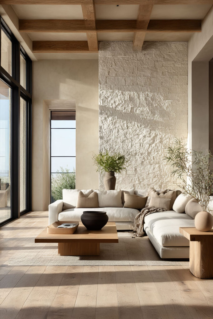 Organic modern living room with textured stone accent wall, wood ceiling beams, neutral sectional sofa, and warm natural materials decor.