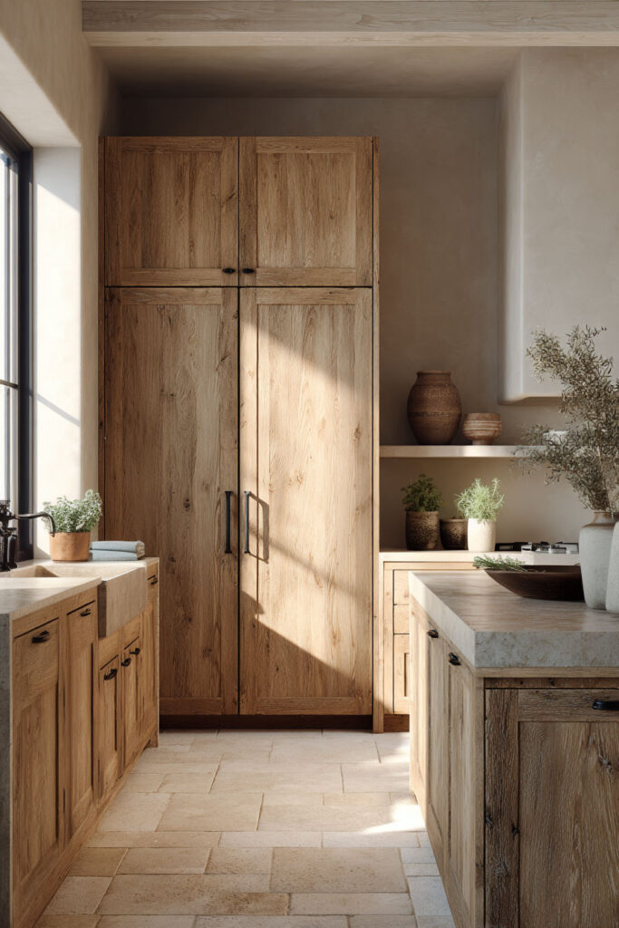 rustic warm wood kitchen cabinets with stone flooring and neutral tones in cozy timeless kitchen design