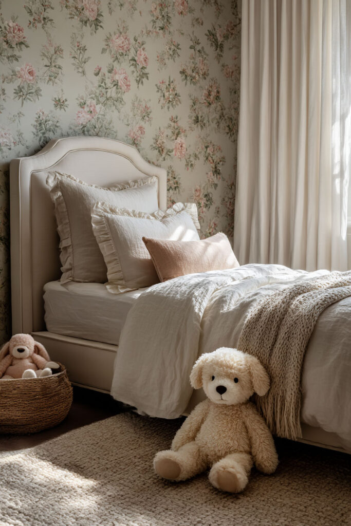 little girls bedroom with vintage floral wallpaper, neutral bedding, upholstered bed, and plush teddy bear decor