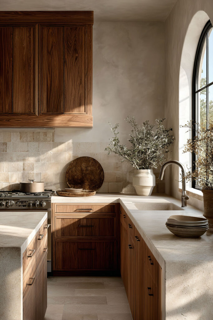 Modern kitchen with warm wood cabinets, stone backsplash, and a large window bringing in natural light