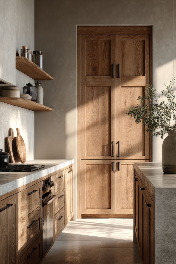warm wood kitchen cabinets with textured plaster walls open shelving and natural light organic modern kitchen design