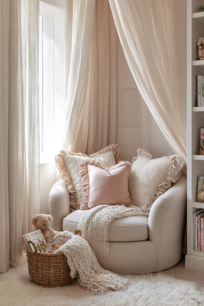 ozy little girls bedroom reading corner with upholstered chair, soft canopy curtains, blush pillows, and basket of children’s books